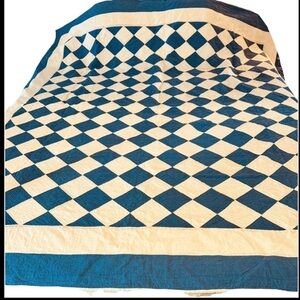 Antique Handmade hand-stitched Quilt/Coverlet c1880 Blue & White Block 72 x 79